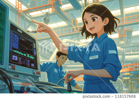 Female engineer pointing and checking at the factory to operate the equipment_Precise illustration 1 118157608