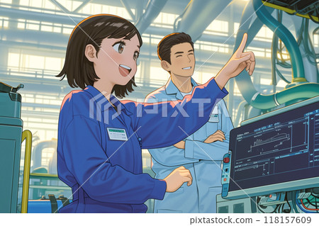 Male and female engineers checking production status at the factory_Precise illustration 3 118157609