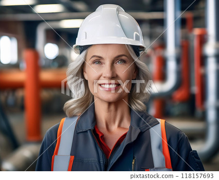 Smiling Woman in Hard Hat Industrial Setting Headshot with Pipes and Equipment 118157693
