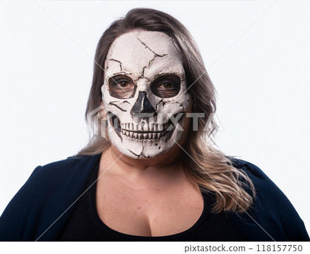 Woman in Skull and Bone Mask Day of the Dead Concept 118157750