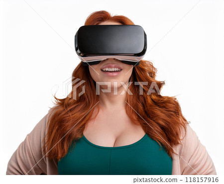 Portrait of a Woman Using VR Glasses Headshot Isolated on White Background with Copy Space 118157916
