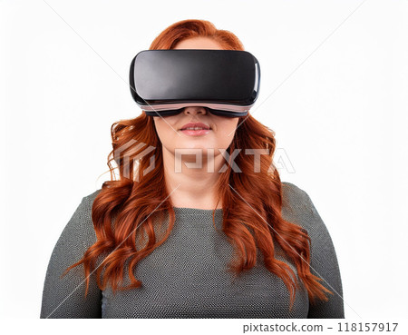 Portrait of a Woman Using VR Glasses Headshot Isolated on White Background with Copy Space 118157917
