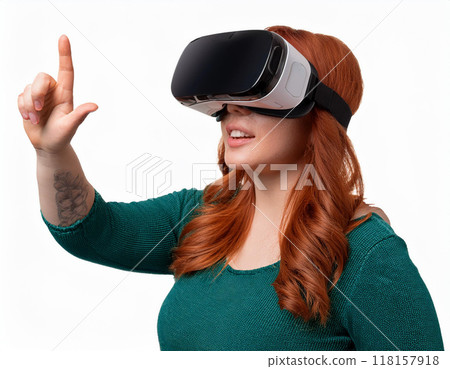 Portrait of a Woman Using VR Glasses Headshot Isolated on White Background with Copy Space 118157918