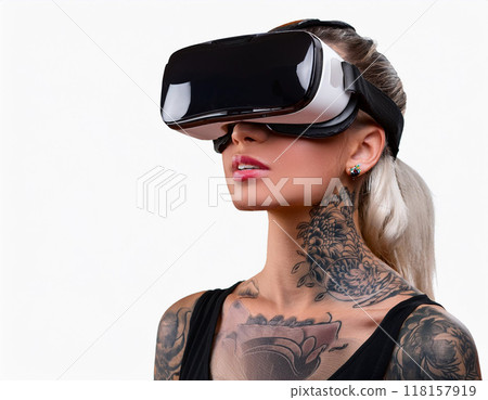 Portrait of a Woman Using VR Glasses Headshot Isolated on White Background with Copy Space 118157919