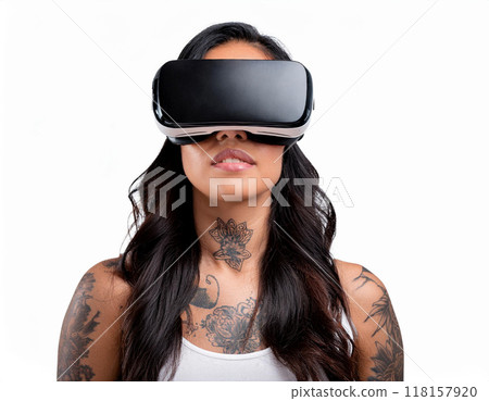 Portrait of a Woman Using VR Glasses Headshot Isolated on White Background with Copy Space 118157920