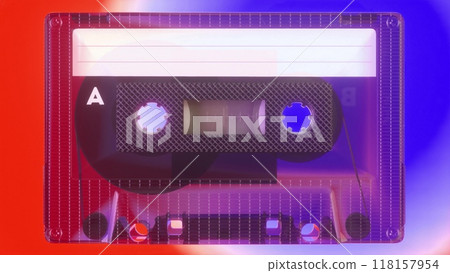 Retro music concept. Radio tape recorder, audio cassette. Vintage neon lighting. 3d illustration 118157954