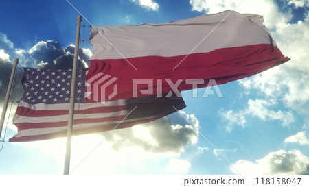 Poland and United States flag waving in deep blue sky together. 3d illustration Poland and United States flag waving in deep blue sky together. 3d illustration 118158047