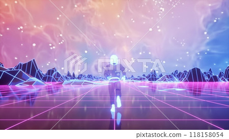 Astronaut runs surrounded by flashing neon lights. Music and nightclub concept. 3d illustration 118158054