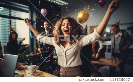 Happy joyful businesswoman celebrating with colleagues business people having party fun in office 118158067