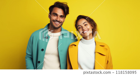 Portrait stylish beautiful happy woman and man, modern young couple together on colorful background 118158095