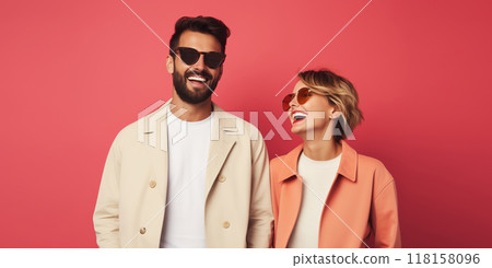 Portrait stylish beautiful happy woman and man, modern young couple together on colorful background 118158096