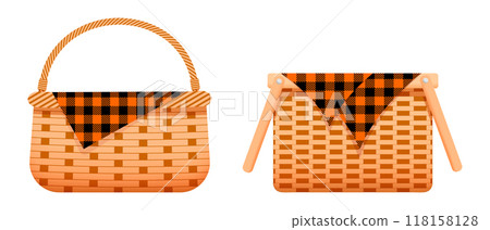 Empty wicker picnic baskets with cotton or linen napkins with checkered orange and black print. Handmade woven willow hampers for fall time isolated on white background. Vector cartoon illustration 118158128