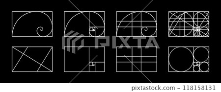 Set of golden ratio templates. Nautilus shell in rectangle frame divided on lines, squares and circles. Fibonacci sequence grids. Ideal nature symmetry proportions layouts. Vector illustration 118158131