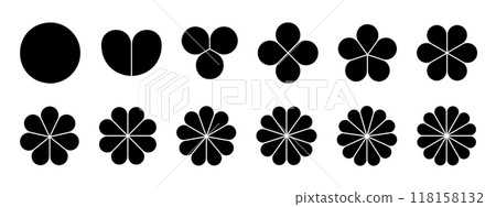 Flower diagrams with petals. Floral chart divided on equal parts from 1 to 12 in leaf shapes isolated on white background. Layouts for business data presentation. Vector graphic illustration 118158132