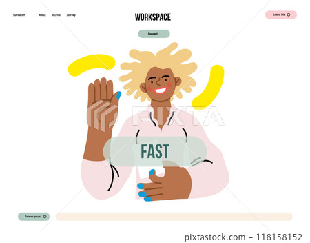 Creative Workspace: Video Conference, modern flat vector concept illustration of person engaging in virtual business meeting Connectivity, collaboration, digital interaction, remote work, productivity 118158152