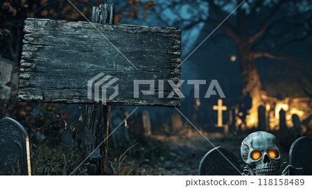 Old wooden board and skeleton at scary graveyard on Halloween night, spooky cemetery with graves and light. Concept of horror, sign, party, mockup, ads, 118158489
