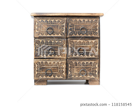 small vintage wooden jewelry box, carved wood chest of drawers. High quality photo 118158545