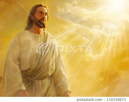 In a moment of divine glory, Jesus stands in serene majesty, illuminated by radiant light, embodying hope and resurrection after his return from the dead. 118158671