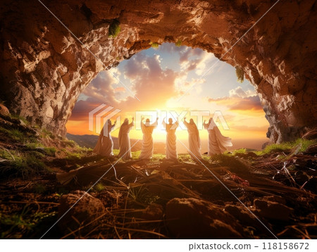 In a serene location, followers of Jesus rejoice as they witness the miraculous resurrection, basking in the sunlight that pierces through the cave entrance at dawn. 118158672