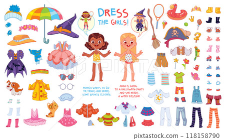 Help girls get dressed. Kids game. Set of various clothes for a paper doll Help girls get dressed. Kids game. Set of various clothes for a paper doll 118158790