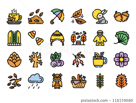 Seasonal autumn icons in filled outline style.Vector illustration 118159080