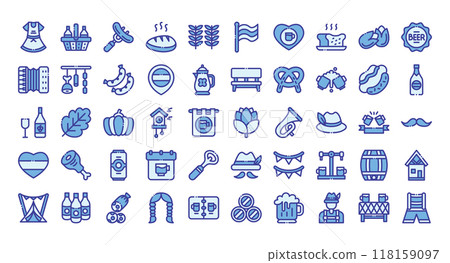 Oktoberfest icons set ,blue - color outline style.Vector illustration Oktoberfest icons set ,blue - color outline style.Vector illustration 118159097