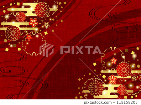 Japanese background of chrysanthemums and snowflakes, cute, illustration, red, horizontal 118159203