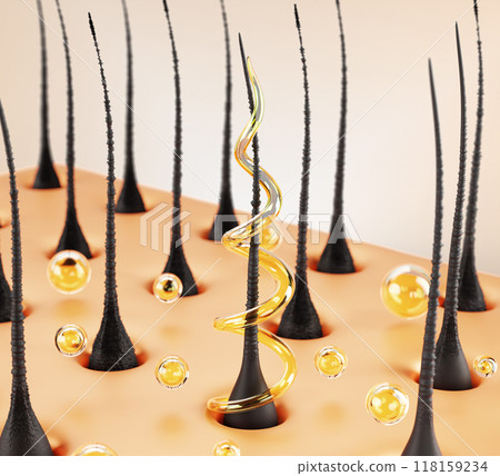 Repair damaged hair 3d render background. Nourish and treatment of keratin, shampoo or serum. Scalp with follicles, gold liquid spiral swirl and oil drops, cosmetic hair care product. 3D illustration Repair damaged hair 3d render background. Nourish and treatment of keratin, shampoo or serum. Scalp with follicles, gold liquid spiral swirl and oil drops, cosmetic hair care product. 3D illustration 118159234
