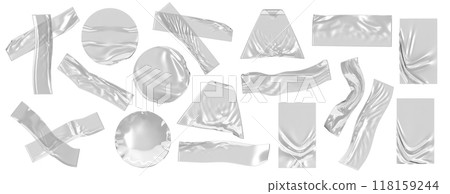 3d set of transparent duct adhesive plastic tape, clear round and triangle sticker, glued cross patch, crumpled sticky strip scotch, wrinkled sellotape film piece isolated render icon. 3D illustration 118159244