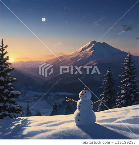 A snowman looking up at the winter sky 118159253