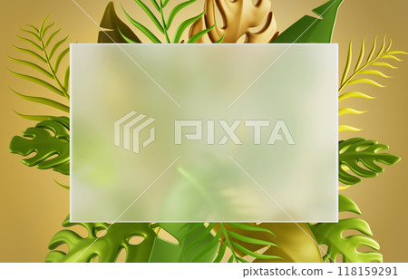 3d glass morphism rectangle card on jungle background. Ad banner frame with tropical green gold palm leaves. Blank transparent plastic or plexiglass plate with frosted effect and leaf. 3D illustration 118159291