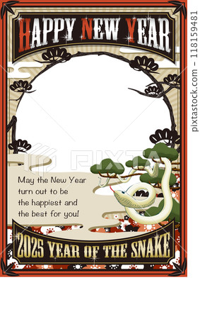 2025年相框新年賀卡《白蛇與松》新年快樂帶英文註釋 118159481