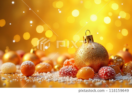 Golden ornaments and a tree ball on table. 118159649