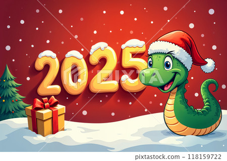 Cartoon snake with a Santa hat and a present. 118159722