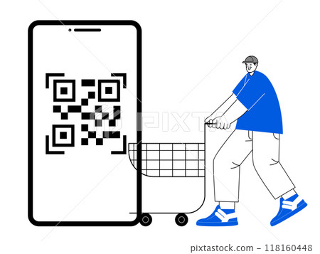 QR code digital payment man shopping cart purchase checkout smartphone illustration two tone blue black outline 118160448