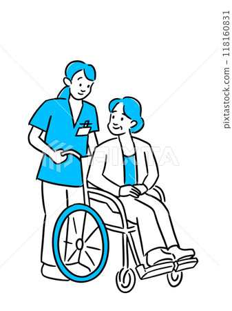 Elderly woman in a wheelchair and her caregiver 118160831