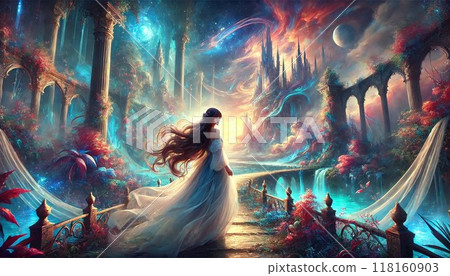 一個美麗的女孩的插圖,長髮飄逸,獨自站在夢幻般的超凡脫俗的風景中。 一個美麗的女孩的插圖,長髮飄逸,獨自站在夢幻般的超凡脫俗的風景中。 118160903