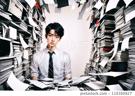 人工智慧生成的圖像顯示，一位鬱悶的年輕上班族坐在滿是工作的辦公桌前 118160927