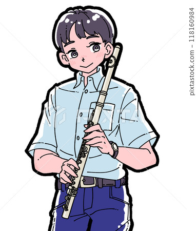 一個微笑的男孩拿著長笛的插圖 一個微笑的男孩拿著長笛的插圖 118160984