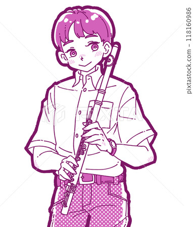 一個微笑的男孩拿著長笛的插圖 一個微笑的男孩拿著長笛的插圖 118160986