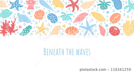 Bright underwater graphic with corals and seashells. Text Beneath the Waves highlighting the ocean reef marine life. Colorful sea, water, and reef elements at background design collection. 118161259