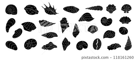 Black silhouette illustrations of seashells. Various shellfish and conch designs. Marine vector elements with underwater life, isolated flora and fauna shapes. 118161260