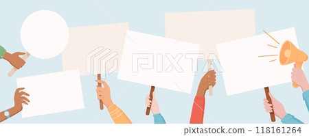 Protest signs are held high by a diverse hands. People raise placards and banners with a strong message. Human hand lift blank boards, showing unity, solidarity and support in the demonstration. 118161264
