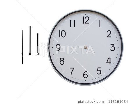 Disassembled Analog Wall Clock with White Face and Detached Black Hands - Isolated on a White Background Disassembled Analog Wall Clock with White Face and Detached Black Hands - Isolated on a White Background 118161684