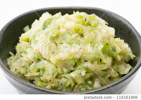 Close-up of green onion salt sauce in a bowl Close-up of green onion salt sauce in a bowl 118161806