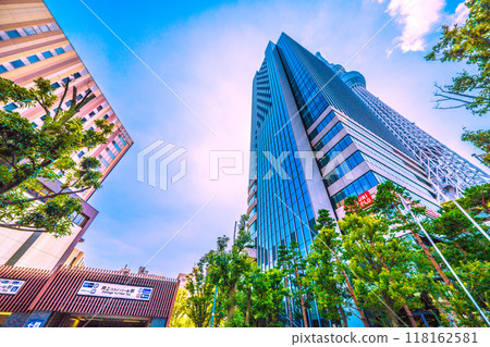 Tokyo cityscape in Japan, with a view of Oshiage Station and the Tokyo Skytree standing out against the greenery (September 6th) 118162581