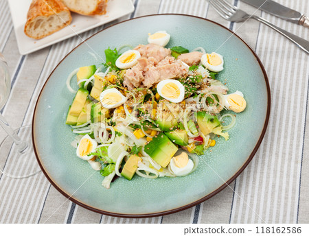 Healthy salad with tuna, avocado, quail eggs and greens 118162586