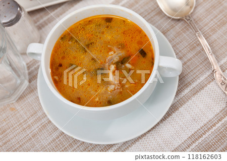 Traditional dish of Russian cuisine is Pickle soup Traditional dish of Russian cuisine is Pickle soup 118162603