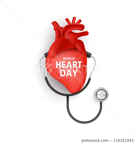 World heart day concept. stethoscope with cardio pulse line, heartbeat line, heart wave sign, health care medical check up. heart problems, coronary artery disease. vector design. 118162842
