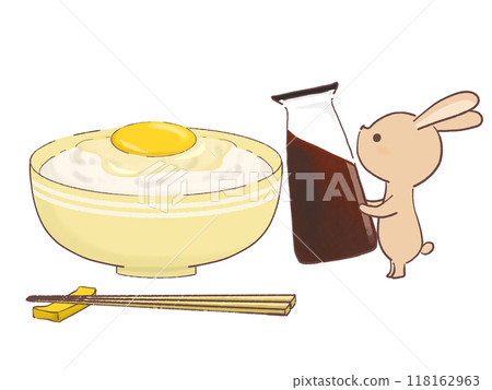 兔子試圖將醬油倒在蛋米飯上的插圖 兔子試圖將醬油倒在蛋米飯上的插圖 118162963